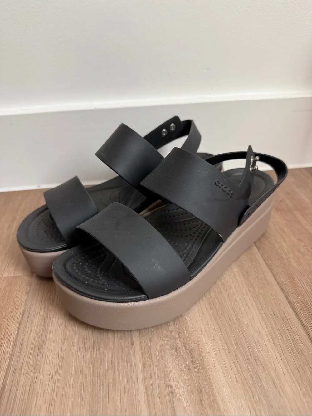 CROCS Black Upper with Tan Platform Women's Platform Slingbacks